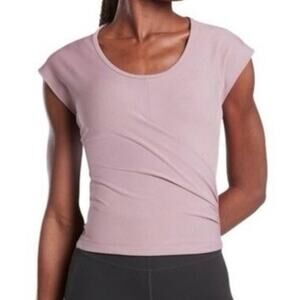 Athleta Bayview Tee in Flora Mauve Small Wrap‎ Style Front Round Neck Cap Sleeve